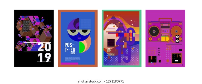 2019 New Poster and Cover Design Template for Magazine. Trendy Vector Typography and Colorful Illustration Collage for Cover and Page Layout Design Template in eps10.