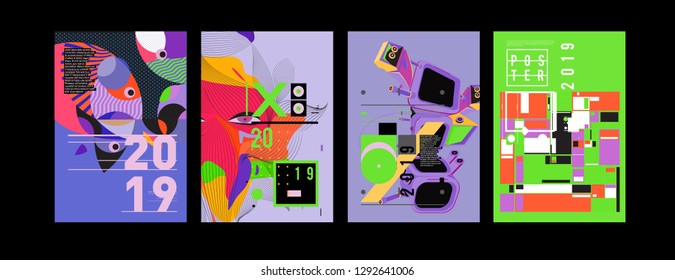 2019 New Poster and Cover Design Template for Magazine. Trendy Vector Typography and Colorful Illustration Collage for Cover and Page Layout Design Template in eps10.