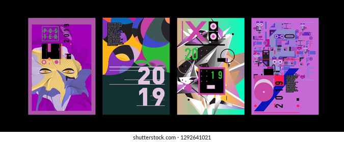 2019 New Poster and Cover Design Template for Magazine. Trendy Vector Typography and Colorful Illustration Collage for Cover and Page Layout Design Template in eps10.