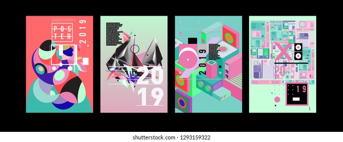 2019 New Poster And Cover Design Template For Magazine. Trendy Vector Typography And Colorful Illustration Collage For Cover And Page Layout Design Template In Eps10.