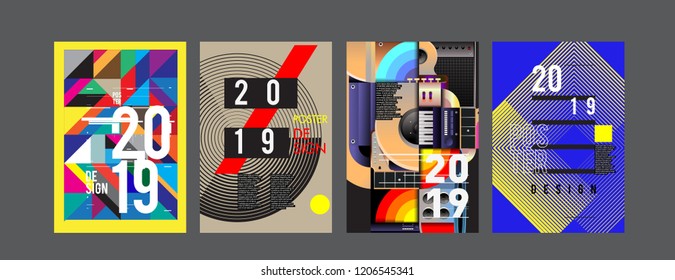2019 New Poster Design Template. Trendy Vector Typography and Colorful Illustration Collage for Cover and Page Layout Design Template in eps10. 