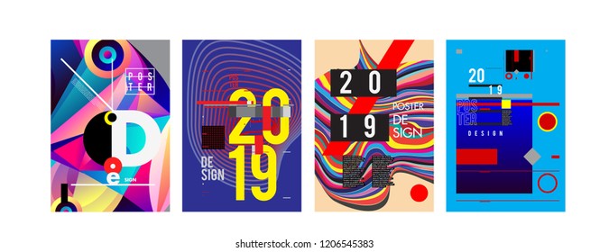 2019 New Poster Design Template. Trendy Vector Typography and Colorful Illustration Collage for Cover and Page Layout Design Template in eps10. 