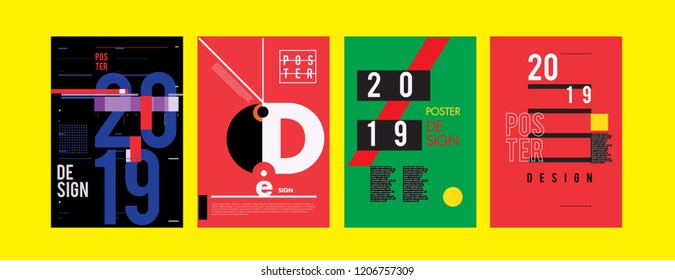 2019 New Poster Design Template. Trendy Vector Typography and Colorful Illustration Collage for Cover and Page Layout Design Template in eps10. 