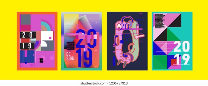 2019 New Poster Design Template. Trendy Vector Typography and Colorful Illustration Collage for Cover and Page Layout Design Template in eps10. 