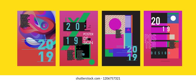 2019 New Poster Design Template. Trendy Vector Typography and Colorful Illustration Collage for Cover and Page Layout Design Template in eps10. 