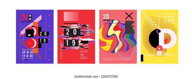 2019 New Poster Design Template. Trendy Vector Typography and Colorful Illustration Collage for Cover and Page Layout Design Template in eps10. 