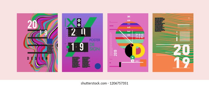 2019 New Poster Design Template. Trendy Vector Typography and Colorful Illustration Collage for Cover and Page Layout Design Template in eps10. 