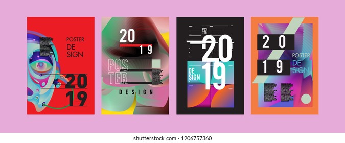 2019 New Poster Design Template. Trendy Vector Typography and Colorful Illustration Collage for Cover and Page Layout Design Template in eps10. 