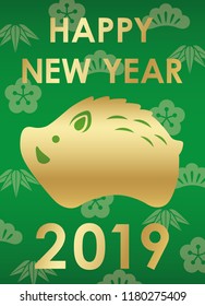 2019 New Year’s symbol with a wild boar icon on a background with Japanese auspicious pattern, vector illustration.