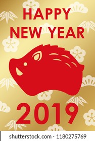 2019 New Year’s symbol with a wild boar icon on a background with Japanese auspicious pattern, vector illustration.