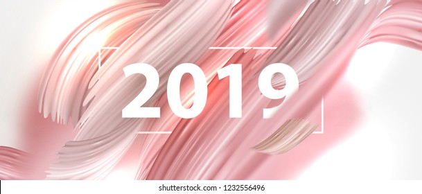 2019 New Year 3D lettering with brush strokes for acrylic or watercolor holday effects. Trendy design for greeting cards, invitations, posters, banners and placards. Eps10 vector illustration