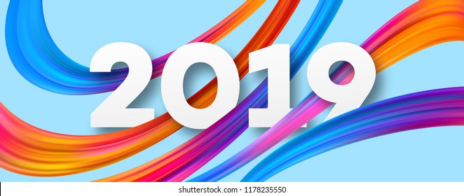 2019 New Year acrylic banner design. Vivid acrylic brushstrokes on blue background. 2019 New Year greeting. Oil paint ribbons. Rainbow brush strokes. Postcard design element. Isolated vector