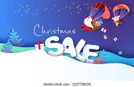 2019 New Year advertising design. Santa Claus and funny pig Flying with Parachute over big letters SALE blue background. Vector paper art illustration for promotion banners, headers, posters, stickers
