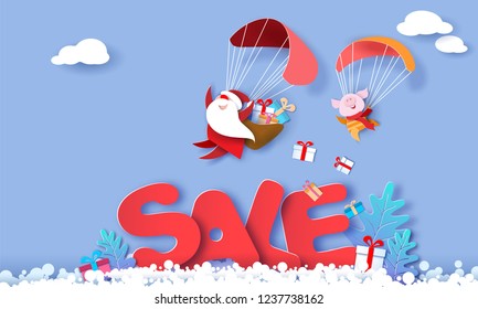 2019 New Year advertising design. Santa Claus and funny pig Flying with Parachute over big letters SALE blue background. Vector paper art illustration for promotion banners, headers, posters, stickers