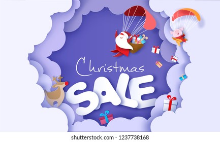 2019 New Year advertising design. Santa Claus and funny pig Flying with Parachute over big letters SALE blue background. Vector paper art illustration for promotion banners, headers, posters, stickers