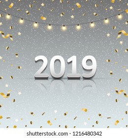 2019 New year background with Christmas lights and snow. Vector