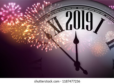 2019 New Year background with clock and colorful fireworks. Vector illustration.
