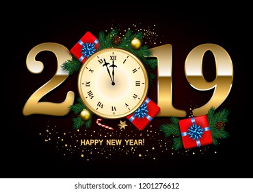 2019 New Year Background with clock, gift box, candy cane, pine branches decorated, gold stars and bubbles on black. Vector illustration