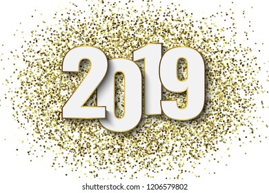 2019 New Year background with gold glitter confetti. Festive premium design template for holiday greeting card