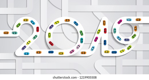 2019 new year background, vector urban illustration of cars on the road