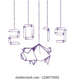 2019 - New Year - banner with hand-drawn elements and paper pig