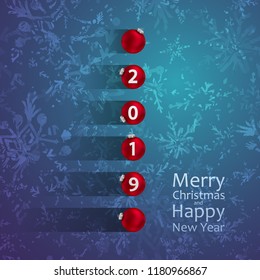 2019 new year banner with red balls, fir and shadow, with lettering on blue background with pattern of snowflakes. Christmas card for party, holiday design, decor. Vector illustration.