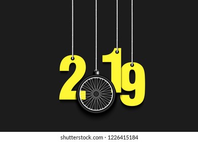 2019 New Year and bicycle wheel as a Christmas decorations hanging on strings. 2019 hang on cords on an isolated background. Design pattern for greeting card. Vector illustration