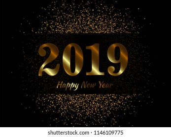 2019 New Year Black background with gold glitter confetti. Festive premium design template for holiday greeting card