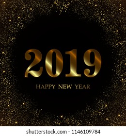 2019 New Year Black background with gold glitter confetti. Festive premium design template for holiday greeting card