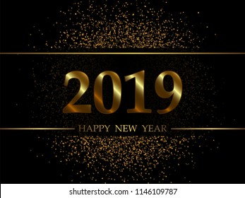 2019 New Year Black background with gold glitter confetti. Festive premium design template for holiday greeting card