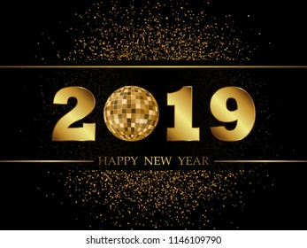 2019 New Year Black background with gold glitter confetti. Festive premium design template for holiday greeting card