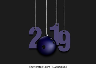 2019 New Year and bowling ball as a Christmas decorations hanging on strings. 2019 hang on cords on an isolated black background. Design pattern for greeting card. Vector illustration