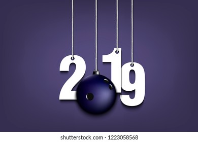 2019 New Year and bowling ball as a Christmas decorations hanging on strings. 2019 hang on cords on an isolated violet background. Design pattern for greeting card. Vector illustration