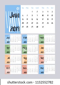 2019 New Year Calendar in Clean Minimalist Table. Simple Style and Pink Color. Holiday Event Planner. Week Starts Sunday. Graphic Design Template with Childish Typeface.