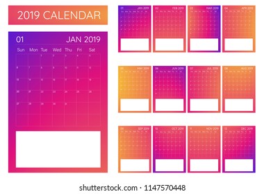 2019 new year calendar gradient color transition table planner, Week Start on Sunday.