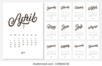 2019 new year calendar. Months hand written lettering. Minimalistic, monochome. Holiday event planner. Week Starts Sunday. A3 format. Vector illustration.