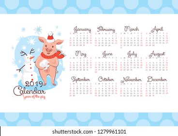 2019 New Year calendar with a pig and a snowman. Vector illustration.