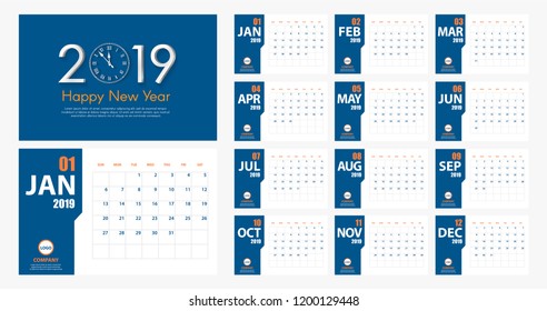 2019 New Year calendar simple modern style. Blue and orange. Event planner. All size. Vector illustration