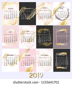 2019 new year calendar vector design, Gold polygonal frame. Gold glitter triangles, geometric shapes. Diamond shape. Minimal template for creative designs, card, invitation, party, birthday, wedding.