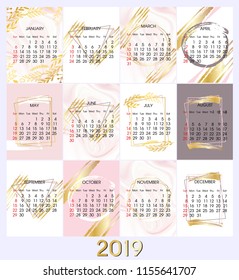 2019 new year calendar vector design, Gold polygonal frame. Gold glitter triangles, geometric shapes. Diamond shape. Minimal template for creative designs, card, invitation, party, birthday, wedding.