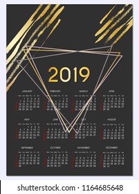 2019 new year calendar vector design, Gold polygonal frame. Gold glitter triangles, geometric shapes. Diamond shape. Minimal template for creative designs, card, invitation, party, birthday, wedding.