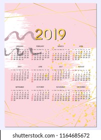 2019 new year calendar vector design, Gold polygonal frame. Gold glitter triangles, geometric shapes. Diamond shape. Minimal template for creative designs, card, invitation, party, birthday, wedding.