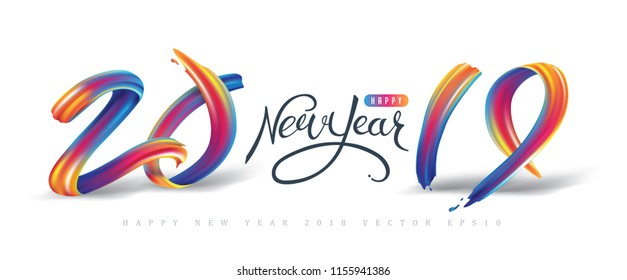 2019  New Year calligraphy with colorful brushstroke oil or acrylic paint design element for greeting card, flyers, leaflets, postcards and posters. Vector illustration.