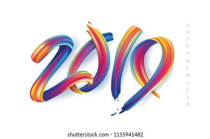 2019  New Year calligraphy with colorful brushstroke oil or acrylic paint design element for greeting card, flyers, leaflets, postcards and posters. Vector illustration.