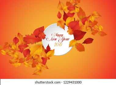 2019 New Year calligraphy with colorful autum  design element for greeting card, flyers, leaflets, postcards and posters. Vector illustration.
