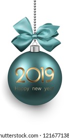2019 New Year card with 3d green Christmas ball with beautiful satin bow isolated on white background. Greeting card or festive decoration. Vector illustration.
