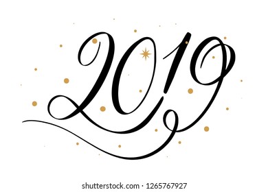 2019 new year card, banner. Beautiful greeting poster with calligraphy black gold star. Hand drawn design elements.