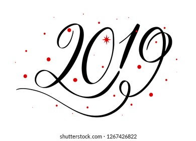 2019 new year card, banner. Beautiful greeting poster with calligraphy black red text word ribbon star. Hand drawn design elements. Handwritten modern brush lettering on white background isolated