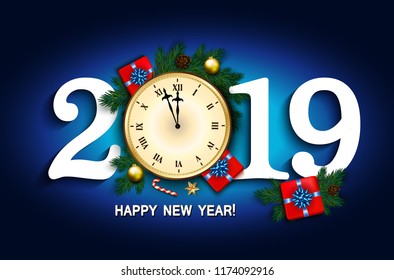 2019 New Year card with clock, gift box, candy cane, pine branches decorated, gold stars and bubbles on blue background. Vector illustration