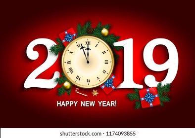 2019 New Year card with clock, gift box, candy cane, pine branches decorated, gold stars and bubbles on red background. Vector illustration